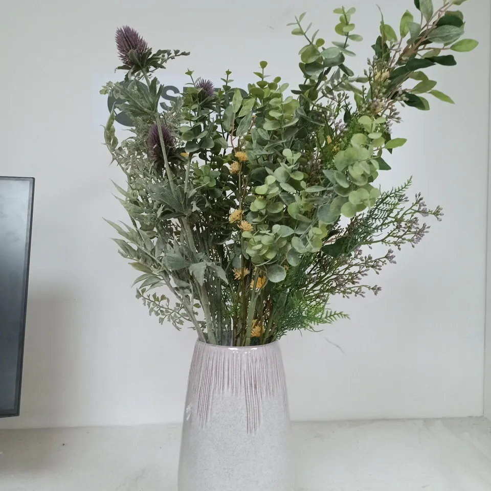 GREY CERAMIC VASE WITH ARTIFICIAL GREENERY ARRANGEMENT