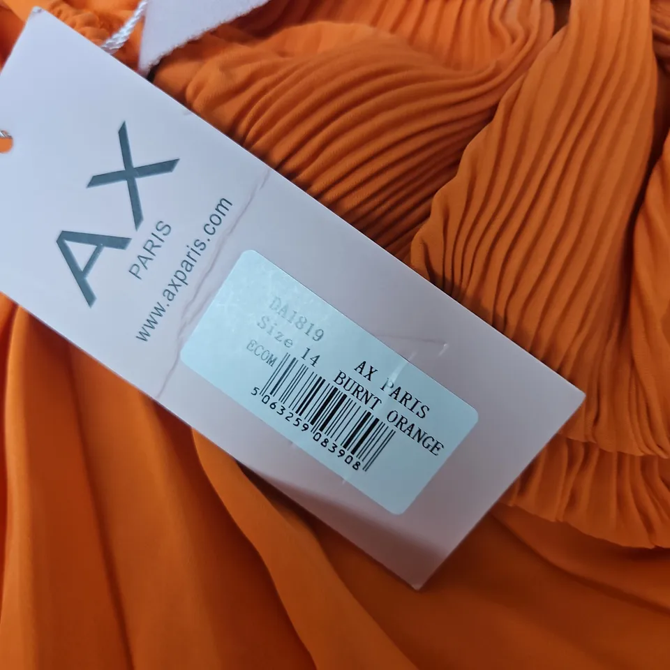 AX PARIS WOMEN'S BURNT ORANGE DRESS – PLEATED DRAPED STYLE, SIZE 14