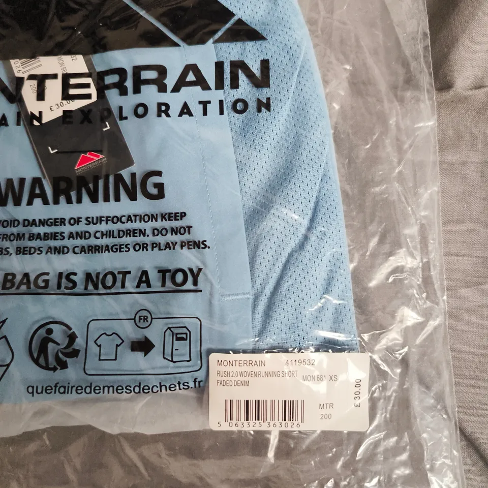 MONTERRAIN RUSH 2 WOVEN RUNNING SHORT – FADED DENIM, UK XS