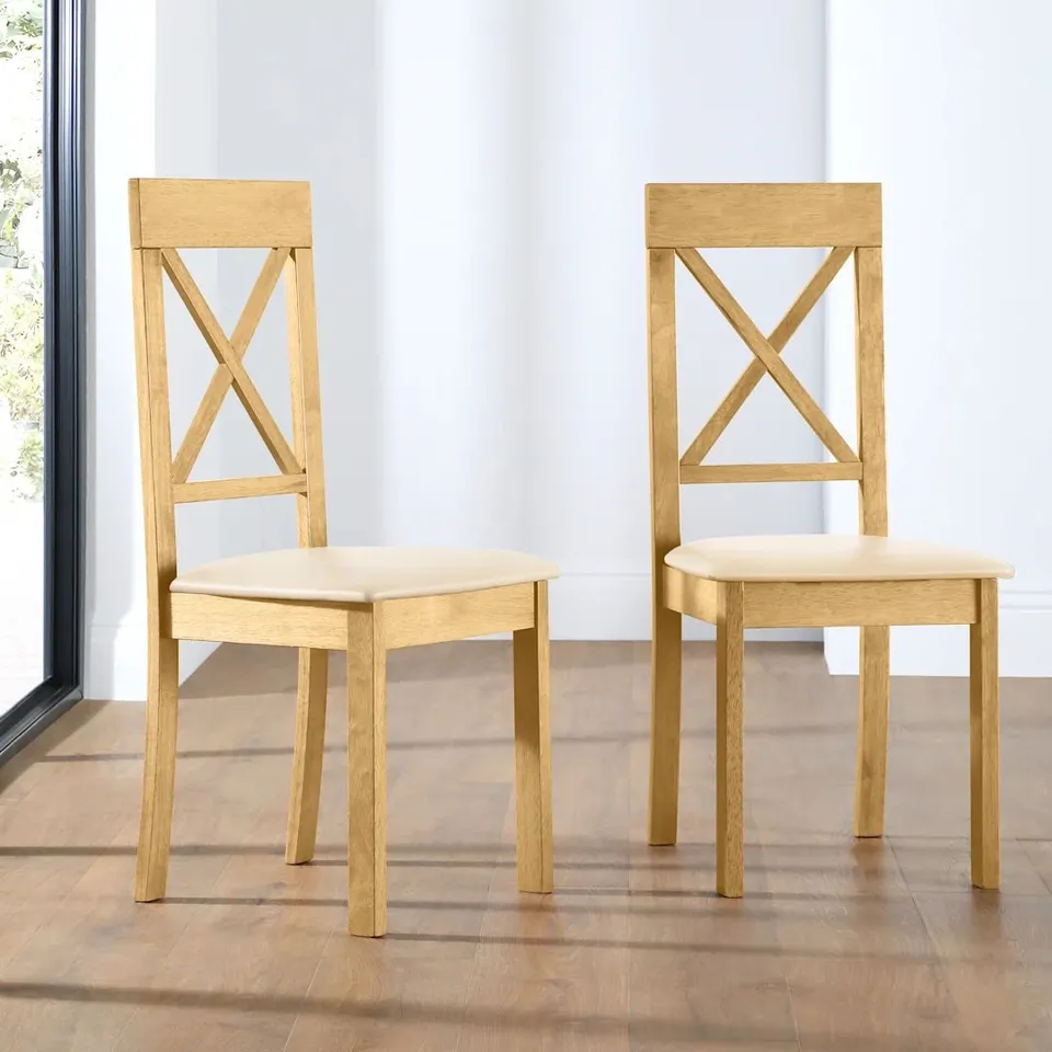 BOXED KENDAL DINING CHAIR, IVORY CLASSIC FAUX LEATHER & NATURAL OAK FINISHED SOLID HARDWOOD 