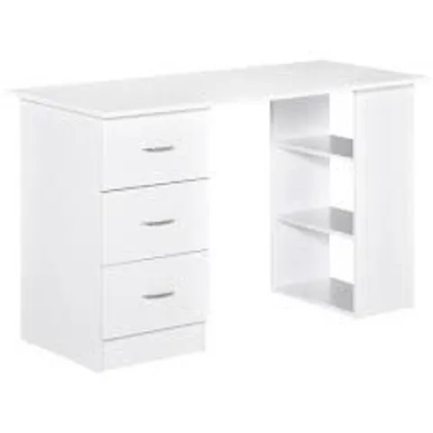 BOXED HOMCOM COMPUTER DESK, WRITING TABLE, PC WORKSTATION WITH 3 STORAGE SHELVES AND DRAWERS, SILVER HANDLE, FOR HOME OFFICE, WHITE (1 BOX)