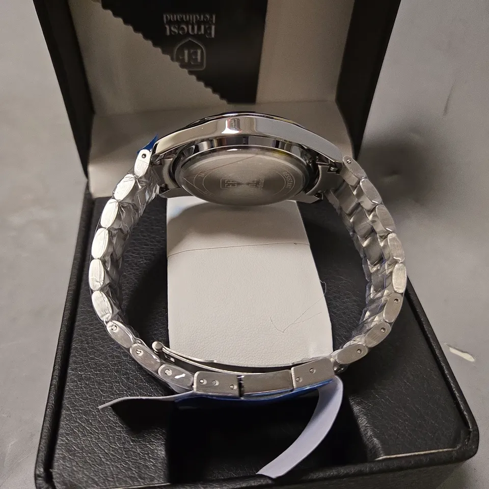 BOXED ERNEST FERDINAND MENS SILVER DIAL BRACELET STRAP WATCH
