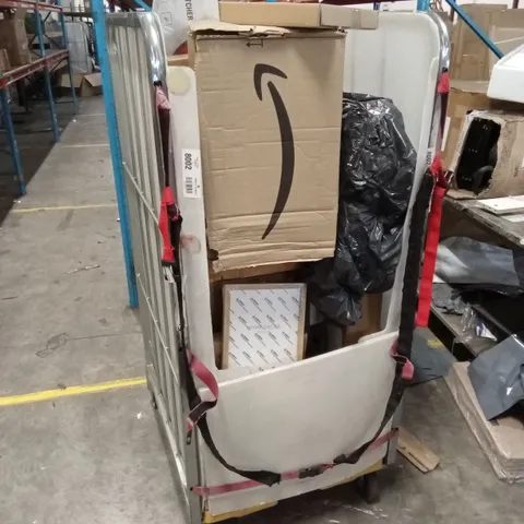 CAGE OF ASSORTED HOUSEHOLD GOODS AND PRODUCTS TO INCLUDE; LARGE FLOOR FAN, PHOTO FRAMES, DUMBBELLS ETC - CAGE NOT INCLUDED 