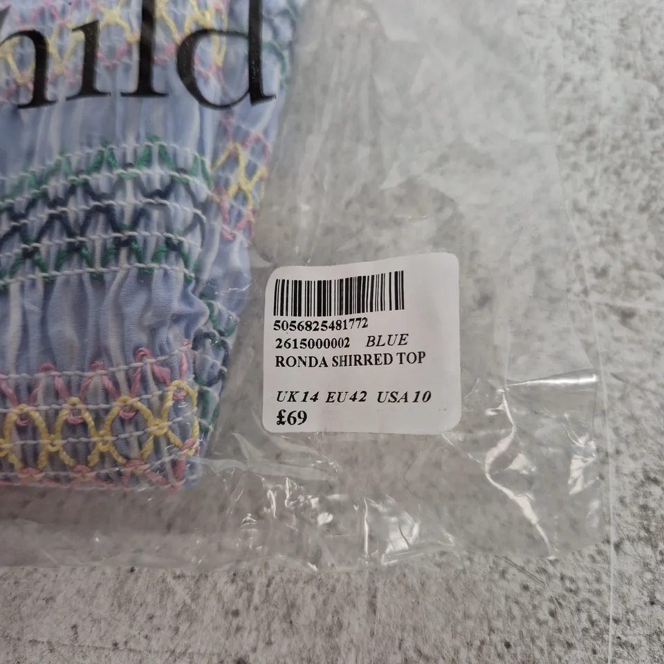 BAGGED NOBODY'S CHILD BLUE RONDA SHIRRED TOP, UK14