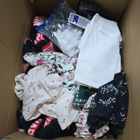 BOX OF APPROXIMATELY 30 ASSORTED CLOTHING ITEMS IN VARIOUS STYLES , COLOURS AND SIZES