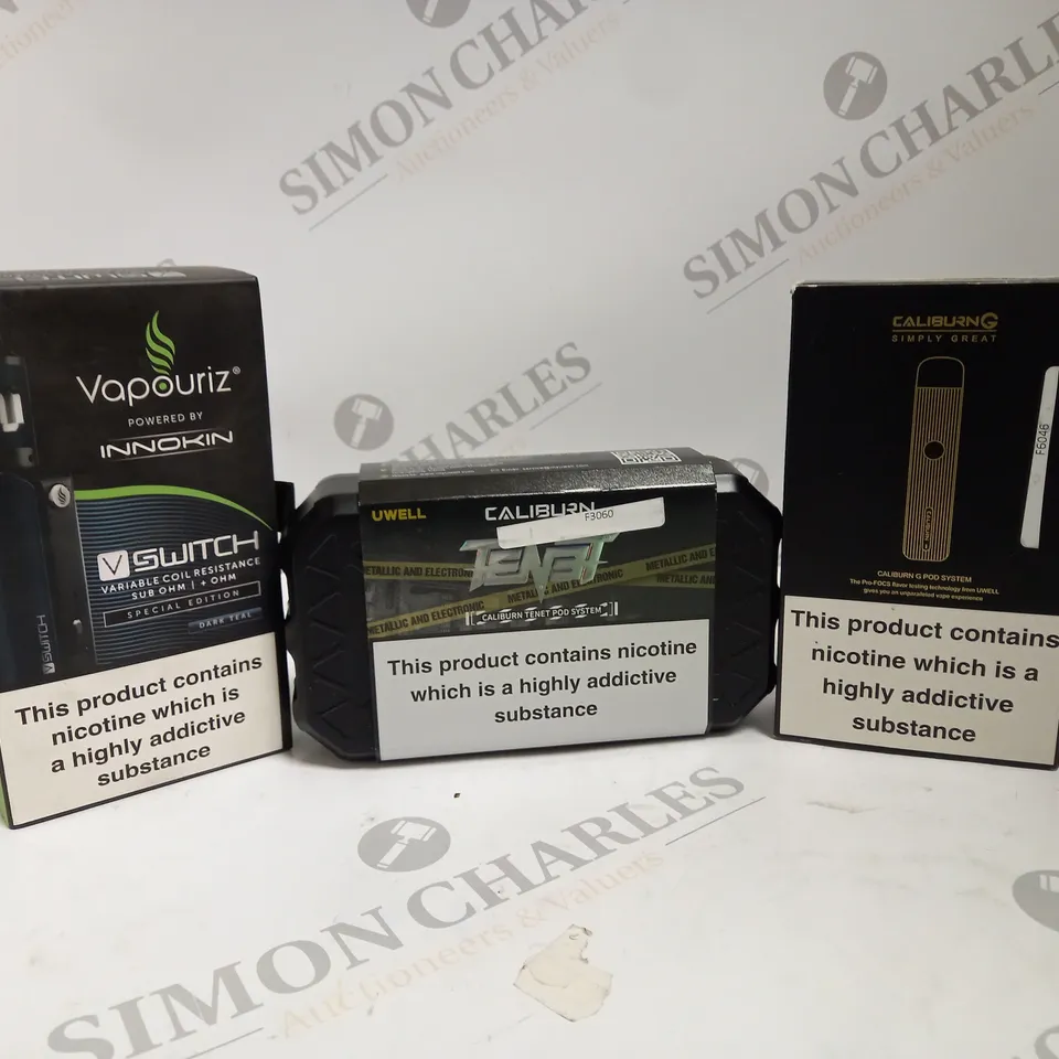 APPROXIMATELY 20 ASSORTED BOXED VAPING PRODUCTS TO INCLUDE INNOKIN VAPOURIZ V SWITCH, CALIBURN TENET POD SYSTEM, CALIBURN G POD SYSTEM ETC.