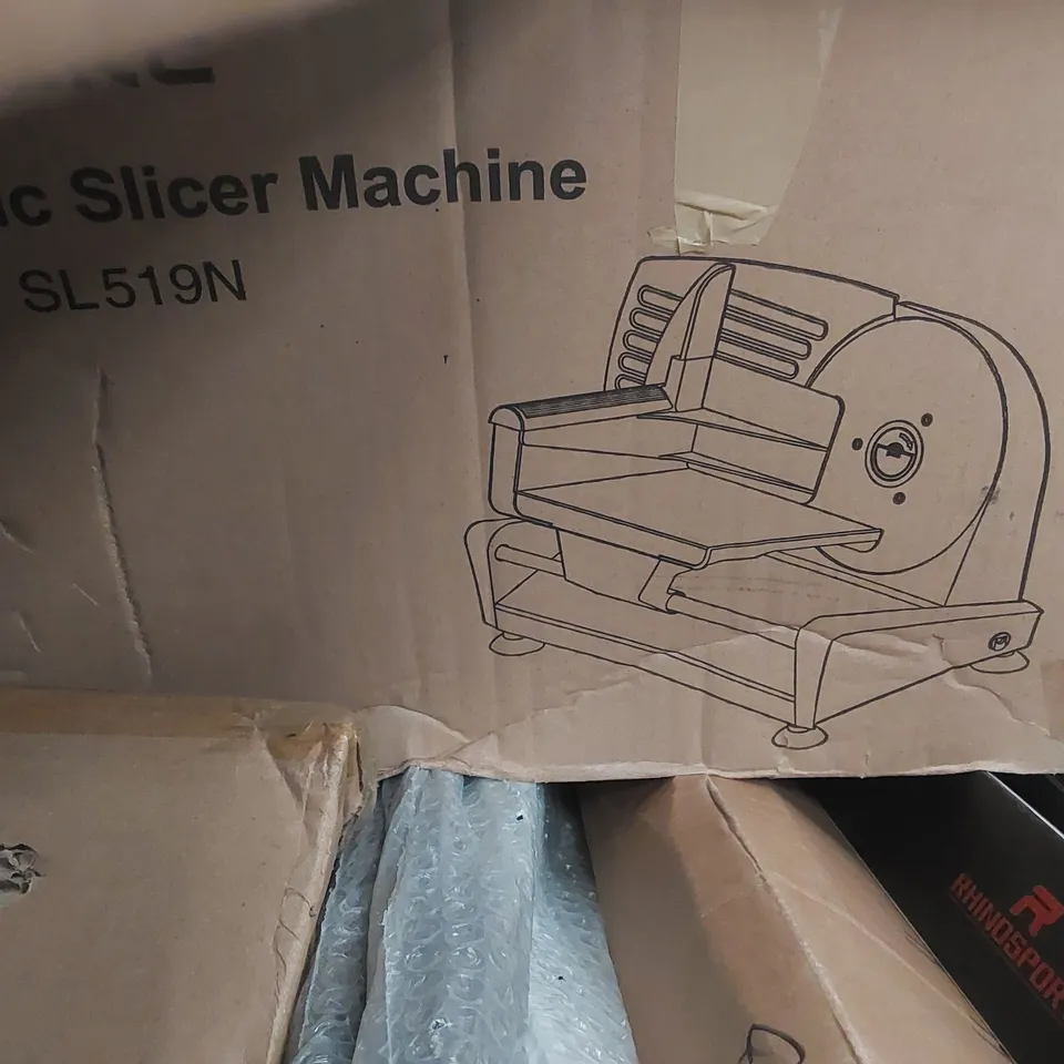 PALLET OF ASSORTED ITEMS INCLUDING: ELECTRIC SLICER MACHINE, TRAMPOLINE, CONSOLE TABLE, INDOOR INSECT KILLER, SHELVES, PULL-UP BARS ECT