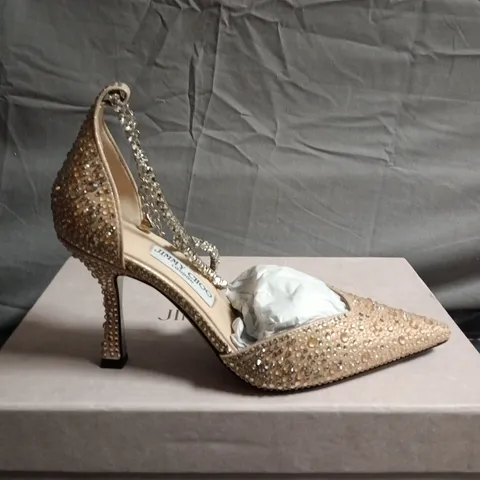 BOXED PAIR OF JIMMY CHOO GOLD BEADED POINTED-TOE STILETTO WITH ANKLE CHAIN - UK SIZE 38