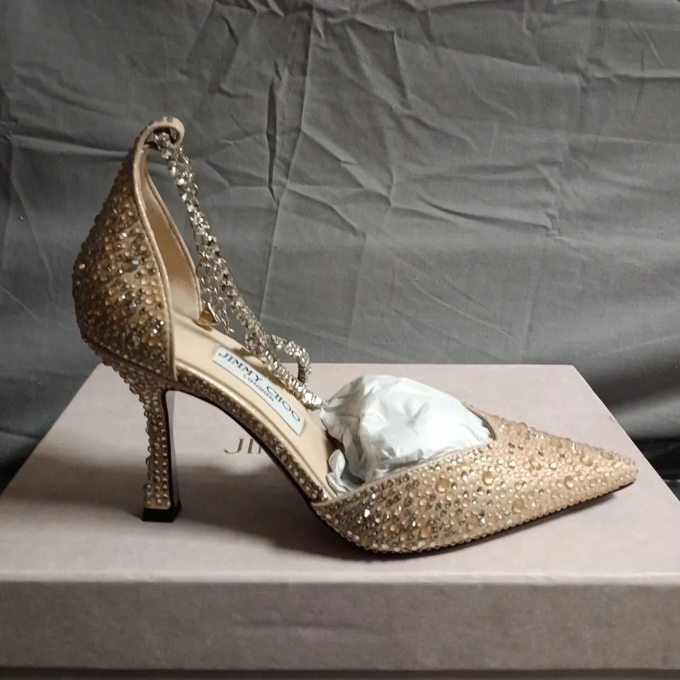 BOXED PAIR OF JIMMY CHOO GOLD BEADED POINTED-TOE STILETTO WITH ANKLE CHAIN - UK SIZE 38