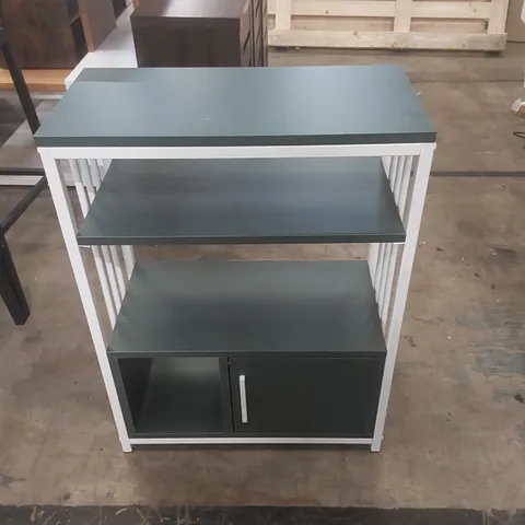 DECOROTIKA LETOS GREEN AND WHITE METAL AND WOOD BOOKCASE WITH A SINGLE DOOR CABINET.