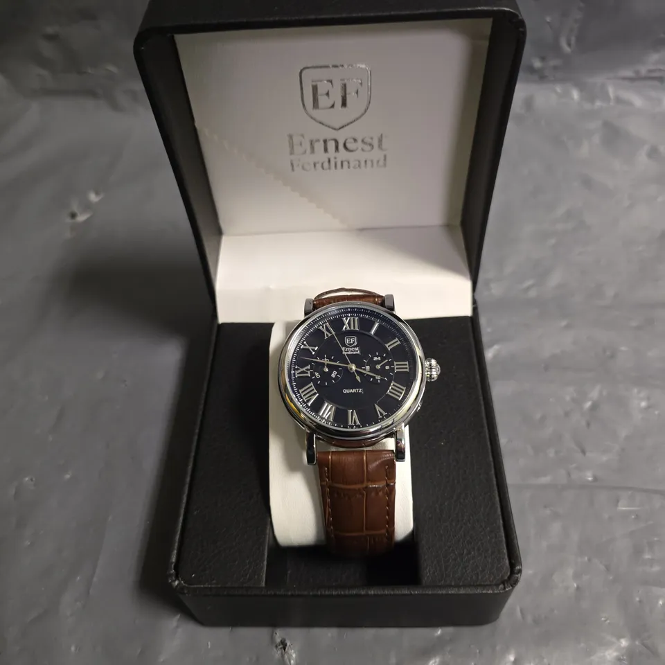 ERNEST FERDINAND STAINLESS STEEL BLACK DIAL ROMAN NUMERAL WATCH WITH BROWN LEATHER STRAP