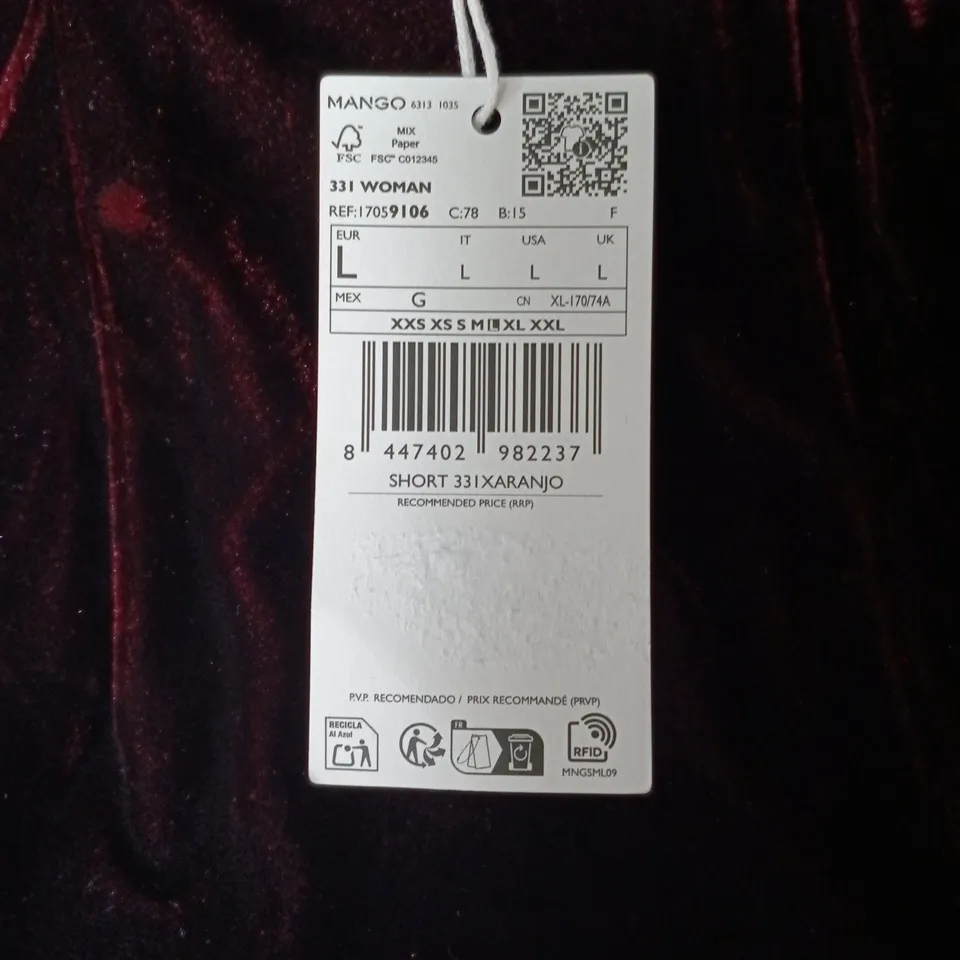 MANGO WOMAN VELVET SHORTS – BURGUNDY, UK L