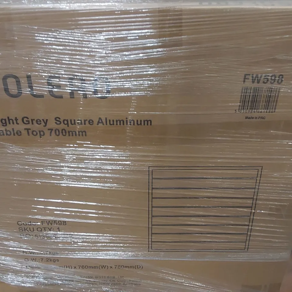 PALLET CONTAINING A VERY LARGE QUANTITY OF BRAND NEW BOXED BOLERO ALUMINIUM TABLE TOPS