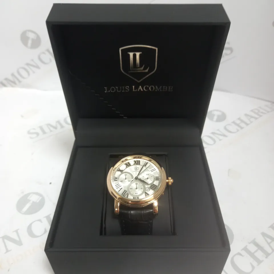 MENS LOUIS LACOMBE CHRONOGRAPH WATCH – MULTI FUNCTION DIAL WITH DATE – ROMAN NUMERAL DIAL – LEATHER STRAP 
