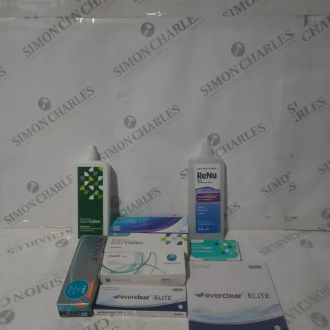 BOX OF APPROXIMATELY 50 ASSORTED CONTACT LENSES AND EYE TREATMENT TO INCLUDE EVERCLEAR, EASY VISION AND RENU