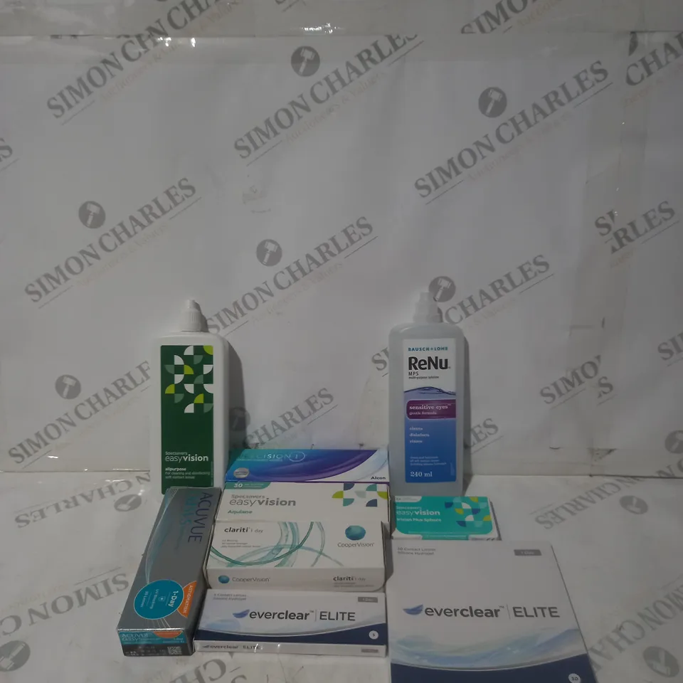 BOX OF APPROXIMATELY 50 ASSORTED CONTACT LENSES AND EYE TREATMENT TO INCLUDE EVERCLEAR, EASY VISION AND RENU 