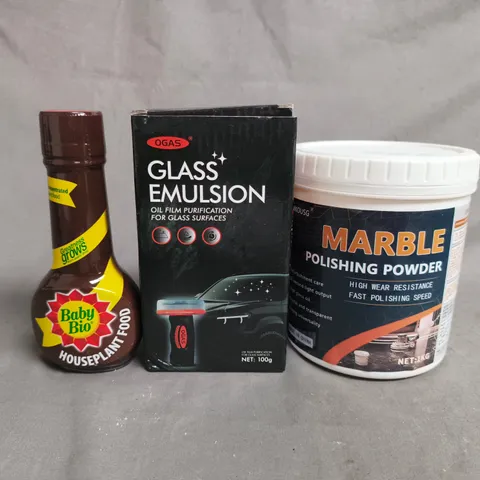 ASSORTED HOUSEHOLD CARE PRODUCTS: BABY BIO HOUSEPLANT FOOD, GLASS EMULSION, MARBLE POLISHING POWDER 