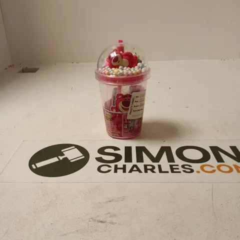 Pink plastic bead-filled toy cup with clear dome lid and bear figure (VERIFY MODEL)