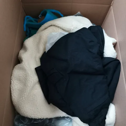 LARGE BOX OF APPROXIMATELY 25 ASSORTED CLOTHING ITEMS IN VARIOUS COLOURS, STYLES AND SIZES - COLLECTION ONLY