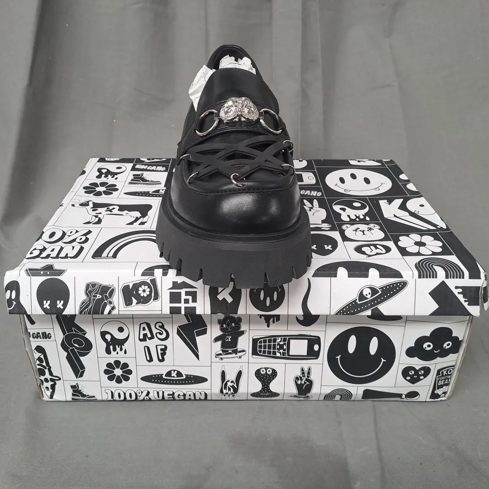 BOXED PAIR OF KOI VEGAN SILENT DUSK OWL PENTAGRAM LOAFERS IN BLACK UK SIZE 8