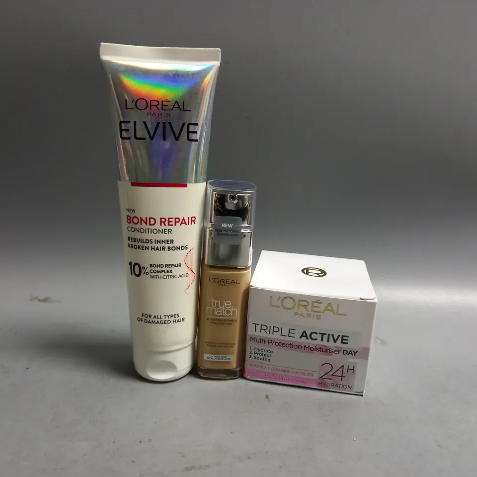 3 ASSORTED LOREAL BEAUTY PRODUCTS TO INCLUDE BOND REPAIR CONDITIONER 150ML, TRIPLE ACTIVE MOISTURISER 50ML, TRUE MATCH SUPER BLENDABLE FOUNDATION 30ML