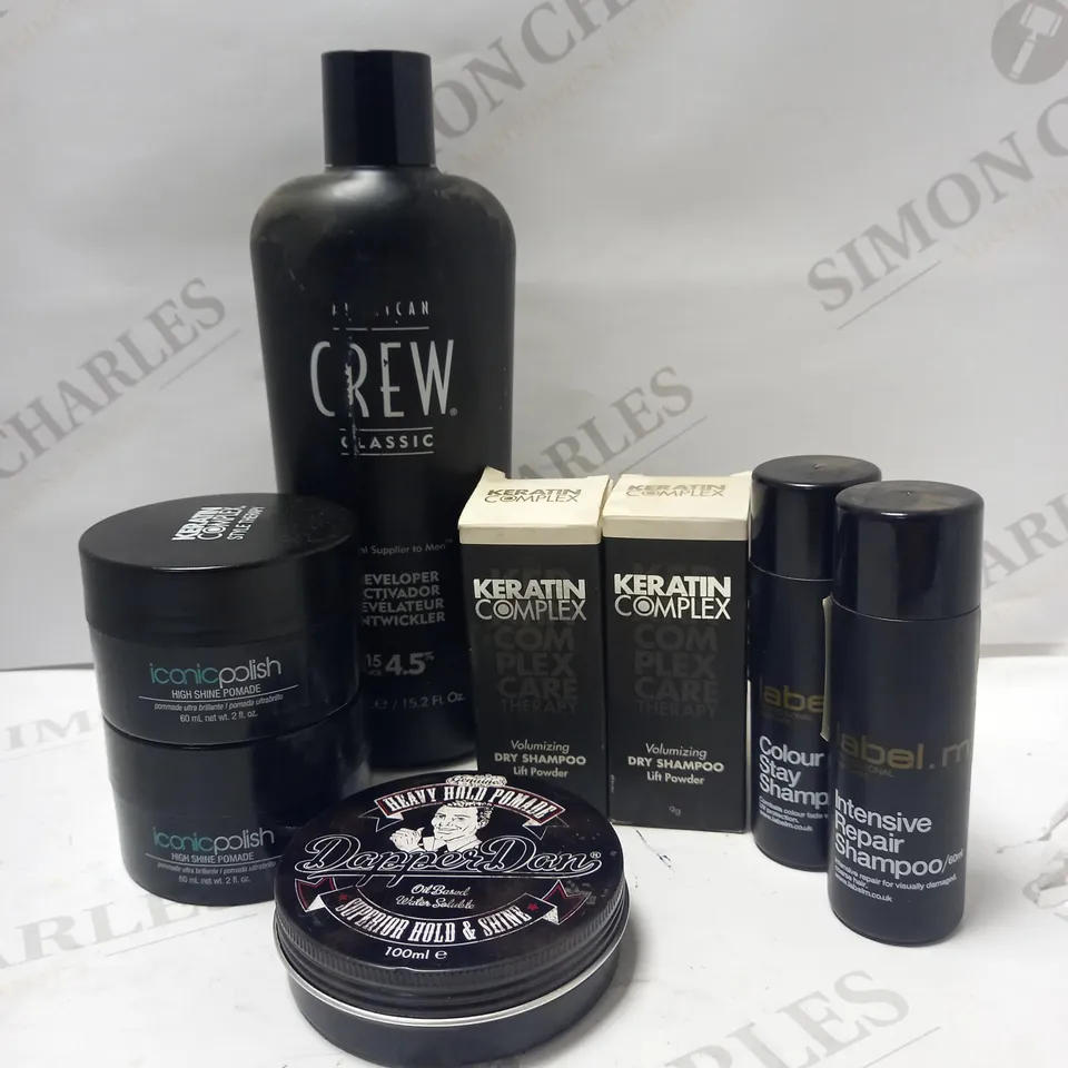 LOT OF 8 ASSORTED HAIRCARE PRODUCTS TO INCLUDE KERATIN COMPLEX ICONIC POLISH HIGH SHINE POMADE, VOLUMIZING DRY SHAMPOO POWDER, INTENSIVE REPAIR SHAMPOO, ETC