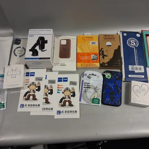 ASSORTED PHONE PERIPHERALS TO INCLUDE CHARGERS, CASES, AND SCREEN PROTECTORS ETC.