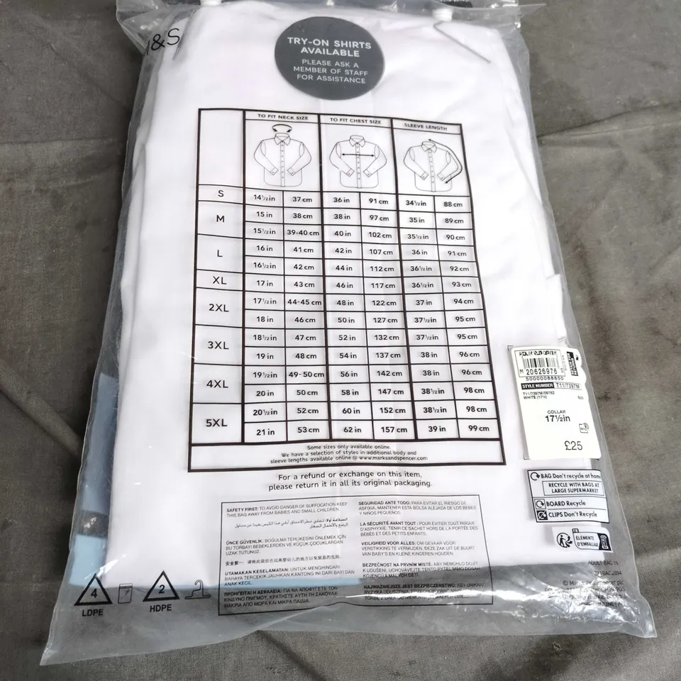 M&S MEN'S WHITE COTTON-BLEND DRESS SHIRT – REGULAR FIT, NECK 17.5 IN (UK 17.5 / 44-45) – SEALED IN PACKAGING