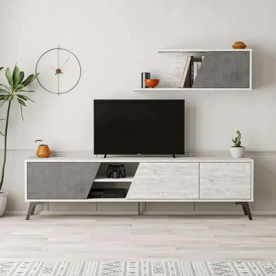 BOXED FIONA MODERN TV UNIT WITH WALL SHELF 180CM | STYLISH TV STAND FOR LARGE TVS (2 BOXES)