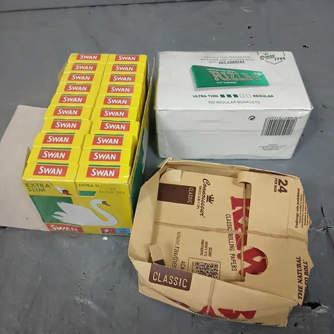 APPROXIMATELY 30 ASSORTED TOBACCO RELATED PRODUCTS TO INCLUDE FILTER TIPS, RIZLAS ETC