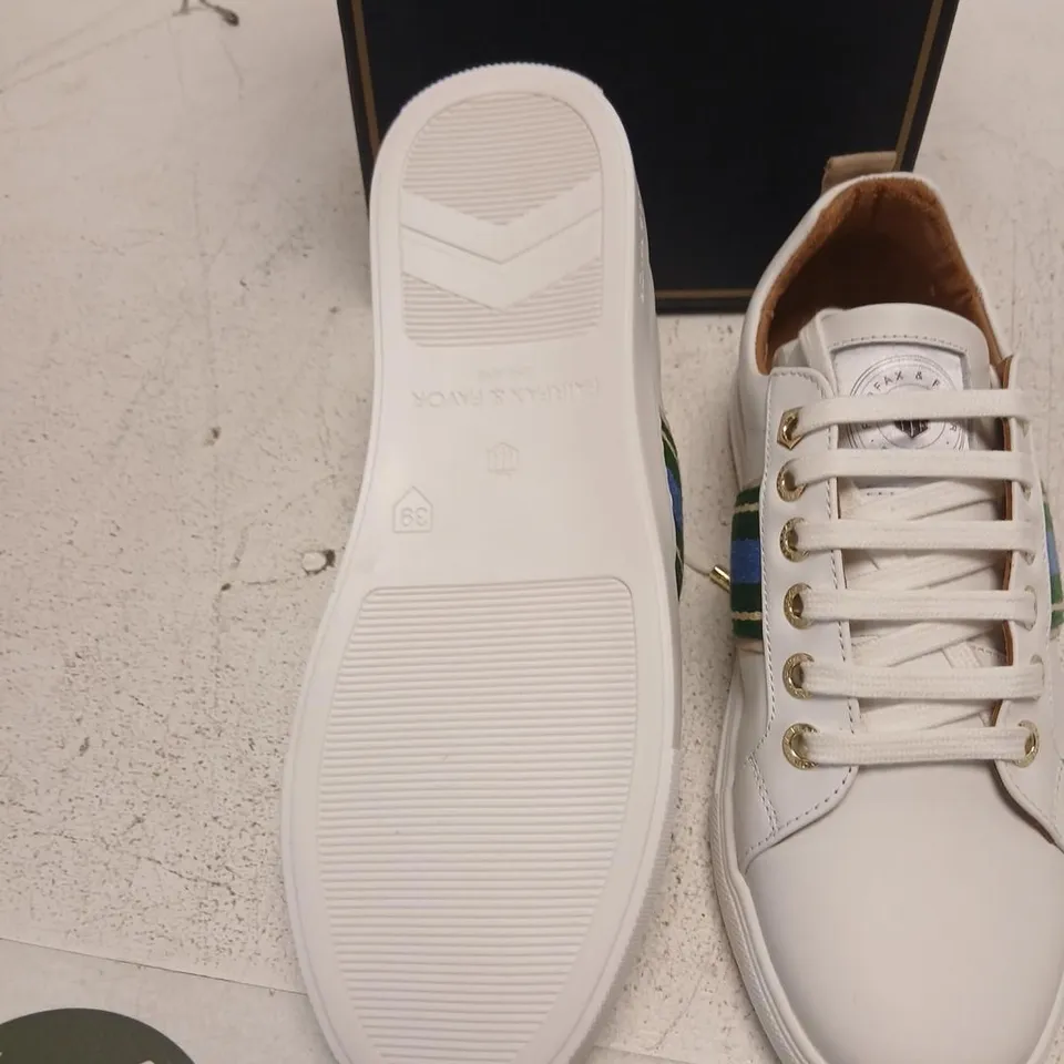 FAIRFAX & FAVOR WOMEN'S BOSTON TRAINER – WHITE LEATHER WITH CLOVER GREEN/SKY BLUE, UK 6