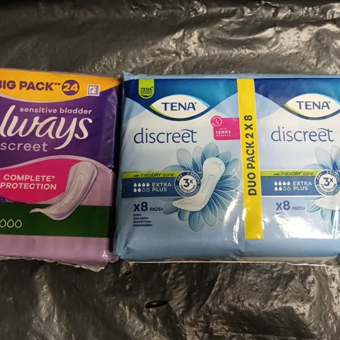 BOX OF APPROXIMATELY 12 ASSORTED FEMININE HYGIENE PRODUCTS TO INCLUDE TENA DISCREET PADS, AND ALWAYS DISCREET PADS