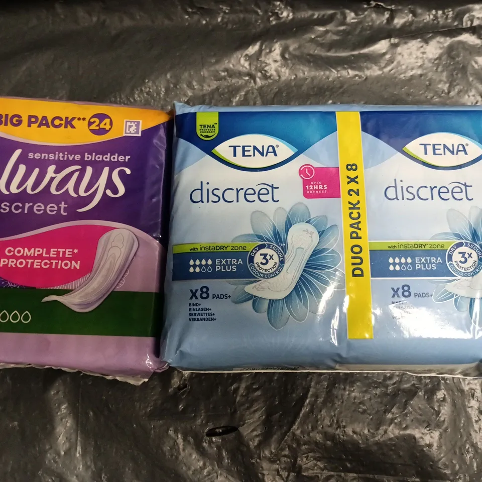 BOX OF APPROXIMATELY 12 ASSORTED FEMININE HYGIENE PRODUCTS TO INCLUDE TENA DISCREET PADS, AND ALWAYS DISCREET PADS
