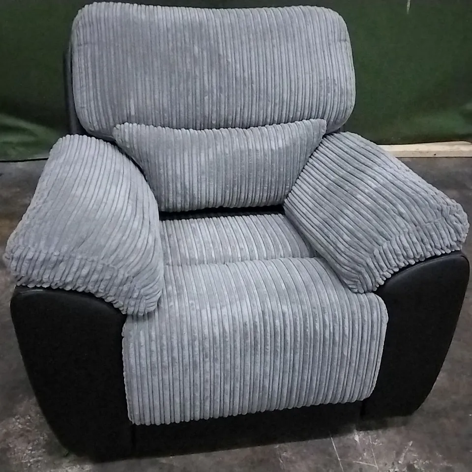 DESIGNER GREY CORDED FABRIC AND BLACK FAUX LEATHER MANUALLY RECLINING ARM CHAIR