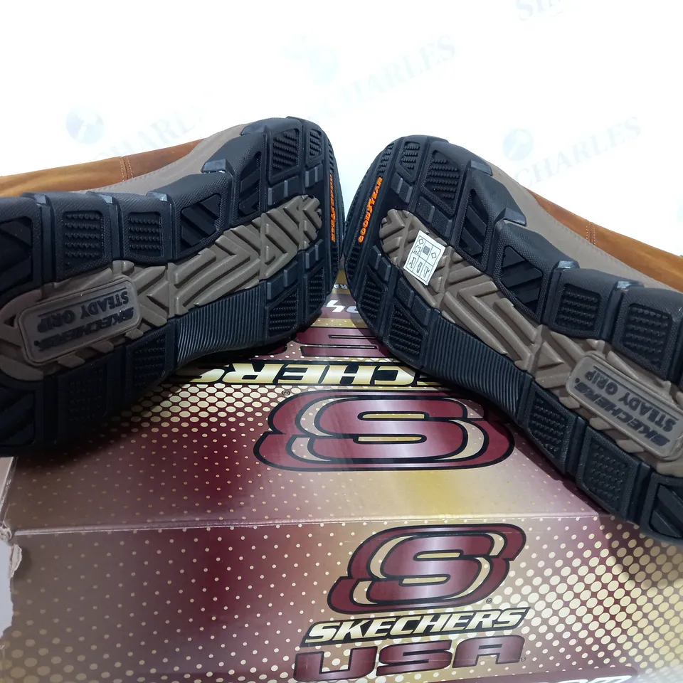 BOXED PAIR OF SKECHERS DARK BROWN MENS BOOTS  - SIZE 12
