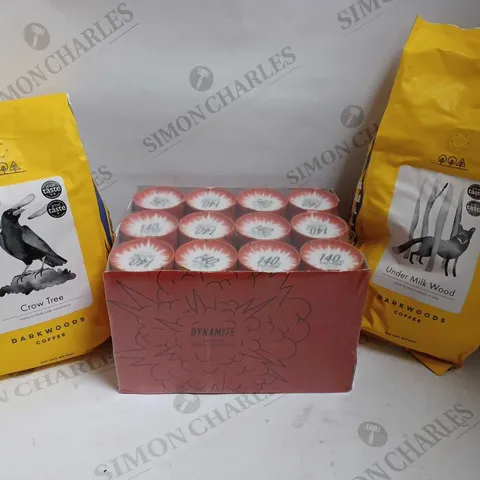 BOX OF 3 ITEMS TO INCLUDE DARKWOOD COFFEE IN ASSORTED FLAVOURS AND KEFFKAPSLEN DYNAMITE COFFEE