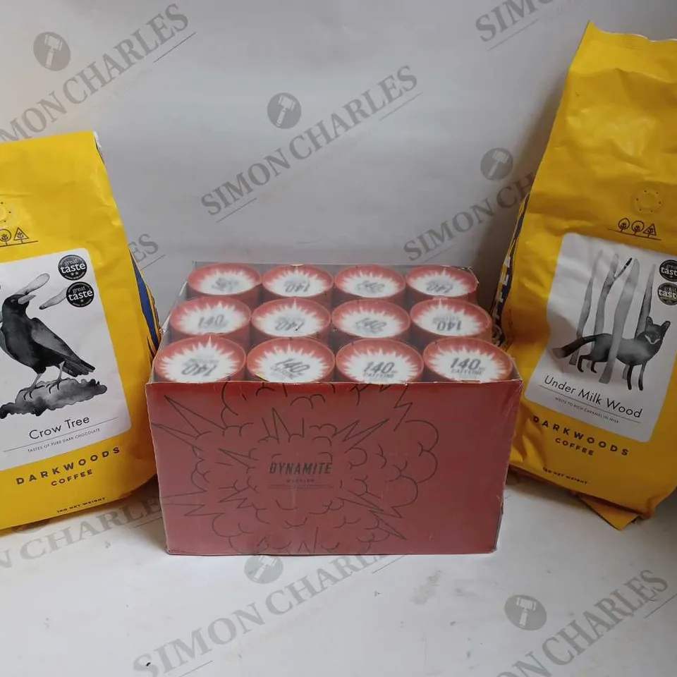 BOX OF 3 ITEMS TO INCLUDE DARKWOOD COFFEE IN ASSORTED FLAVOURS AND KEFFKAPSLEN DYNAMITE COFFEE
