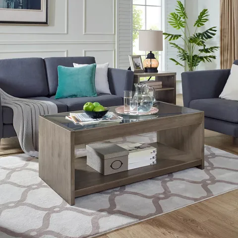 BRAND NEW BOXED FARM HOUSE COFFEE TABLE SOLID WOOD WITH GLASS TOP GREY (1 BOX)