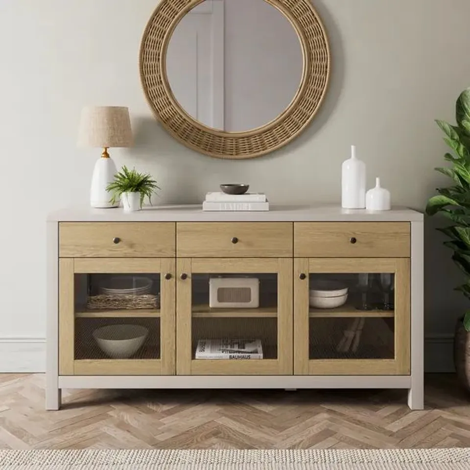 BOXED OLNEY GLAZED EXTRA WIDE SIDEBOARD - STONE/OAK (2 BOXES)