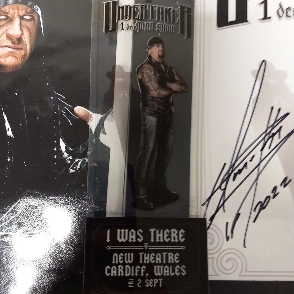 2 PIECES OF UNDERTAKER INSPIRED ART WORK, INCLUDING SIGNED ITEM AND 'I WAS THERE' SOUVENIR