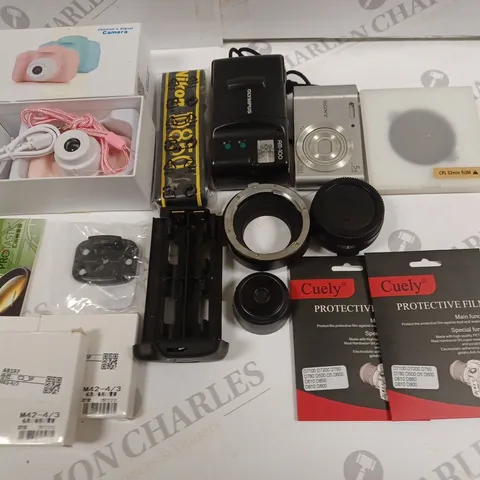 LOT OF ASSORTED CAMERAS AND ACCESSORIES TO INCLUDE SONY CYBERSHOT DSC-W800 AND PANASONIC LUMIX H-H014A LENS
