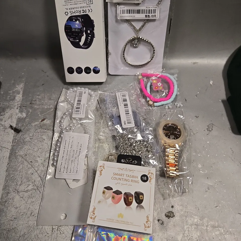 APPROXIMATELY 20 ASSORTED JEWELLERY PRODUCTS TO INCLUDE NECKLACES, WATCHES, BRACELETS ETC 
