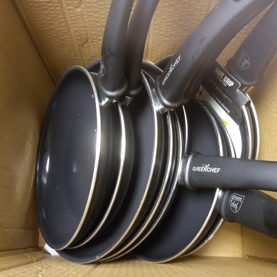 MEDIUM BOX OF GREEN CHEF PANS 