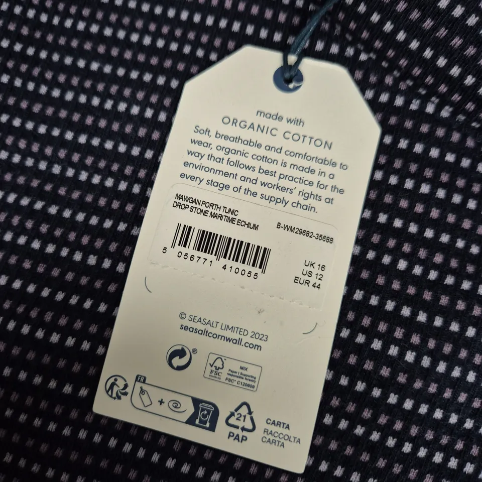 SEASALT CORNWALL ORGANIC COTTON MAWGAN PORTH TUNIC – NAVY WITH WHITE DOT GRID PATTERN, UK 16