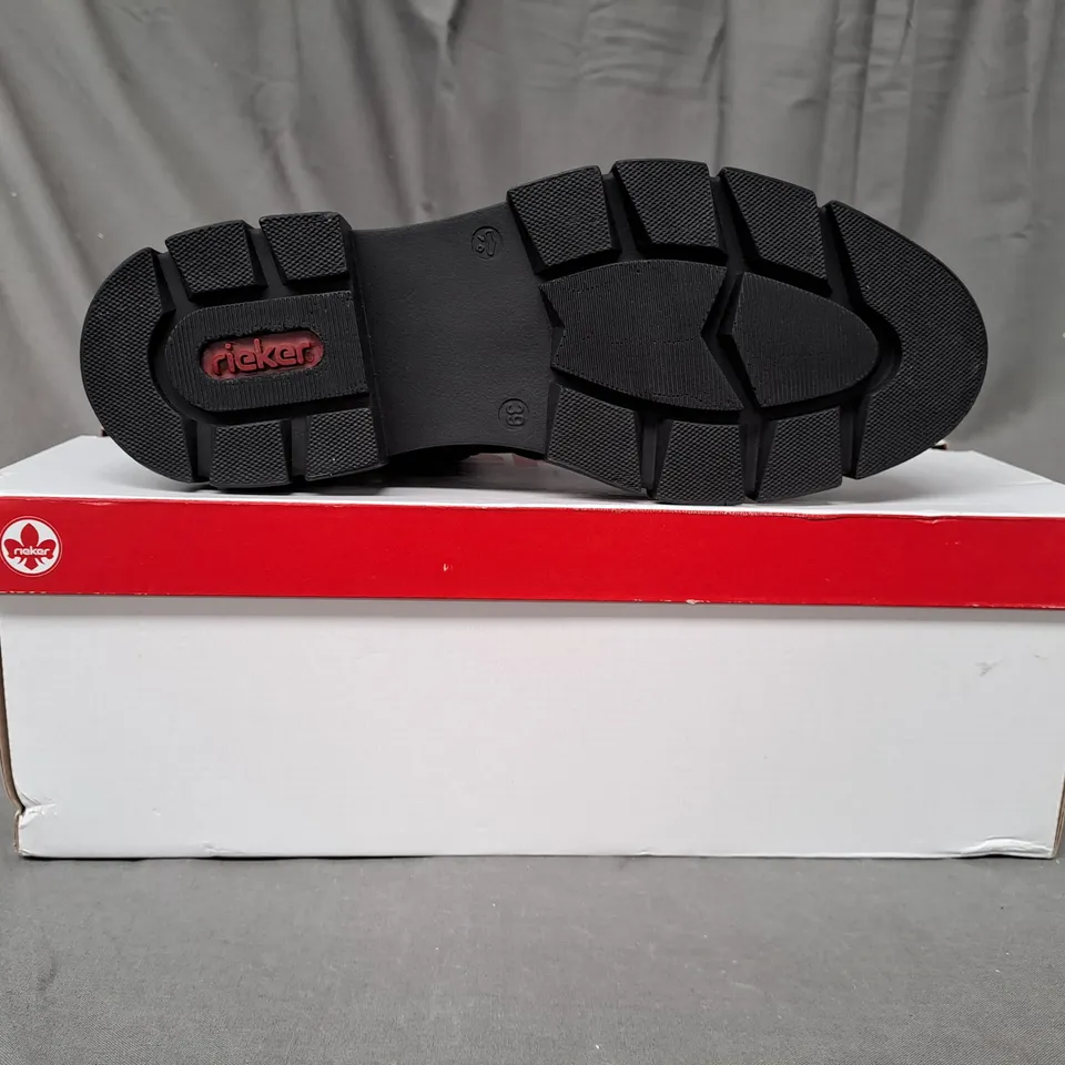 BOXED PAIR OF RIEKER CHUNKY ANKLE BOOTS IN BLACK - SIZE 6