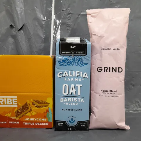 APPROXIMATELY 8 ASSORTED FOOD/DRINK PRODUCTS TO INCLUDE OAT MILK, TRIBE VEGAN PROTEIN BARS, GRIND COFFEE, ETC