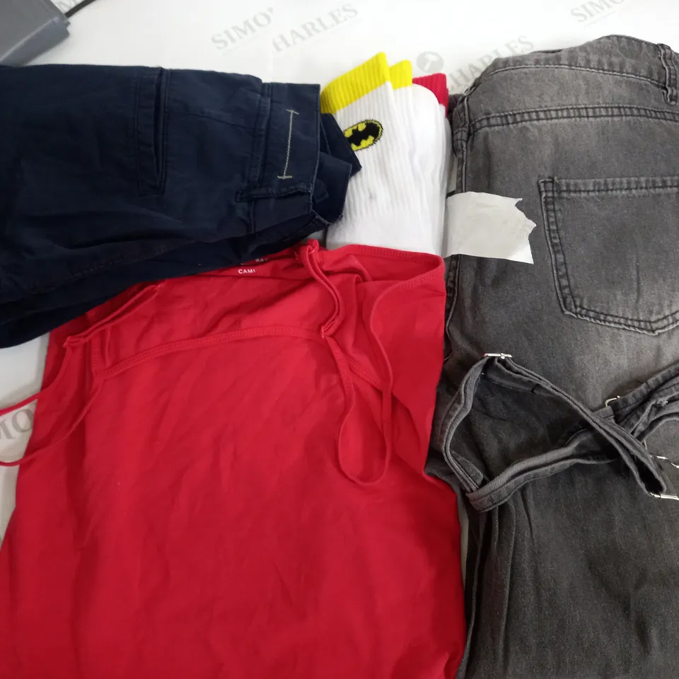 BOX OF APPROXIMATELY 25 ASSORTED CLOTHING ITEMS TO INCUDE - TROUSERS , CROPPED TOP , SOCKS ETC