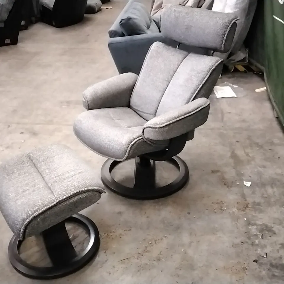 QUALITY BRITISH DESIGNER G PLAN MANUFACTURED BERGEN CHAIR AND FOOTSTOOL - GALERA SLATE FABRIC 