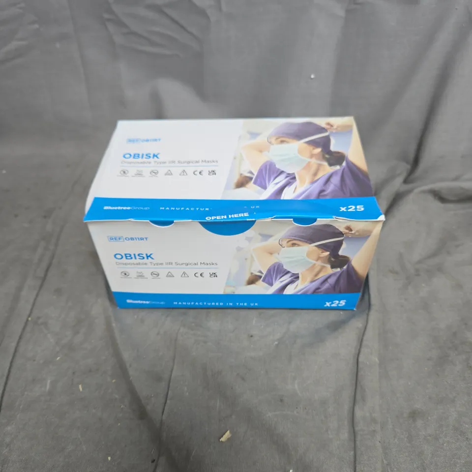 6 X OBISK DISPOSABLE TYPE IIR SURGICAL MASKS - BOX OF 25, MANUFACTURED IN THE UK