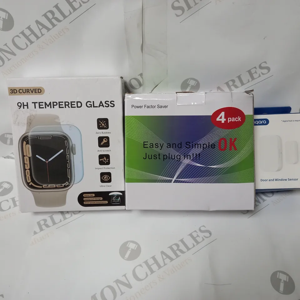 APPROXIMATELY 10 ASSORTED ITEMS TO INCLUDE SMARTWATCH SCREEN PROTECTOR, POWER FACTOR SAVER, DOOR AND WINDOW SENSOR ETC. 